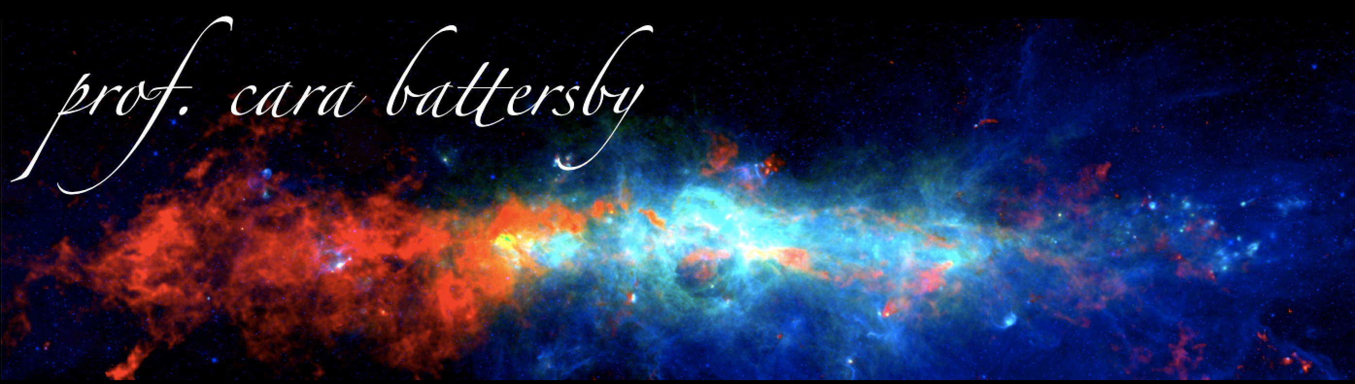 An image of the Central Molecular Zone in three colors from the Herschel space telescope with the words Professor Cara Battersby on top in script.